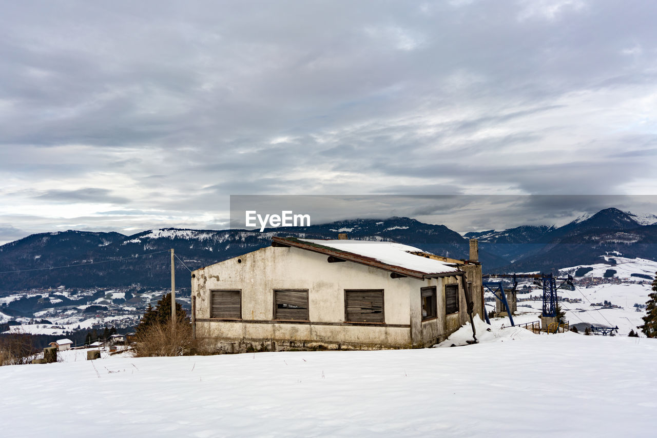 SNOW COVERED HOUSES AGAINST SKY