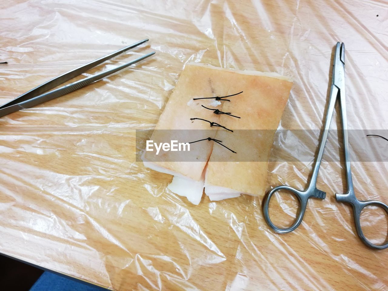 High angle view of medical equipment on table