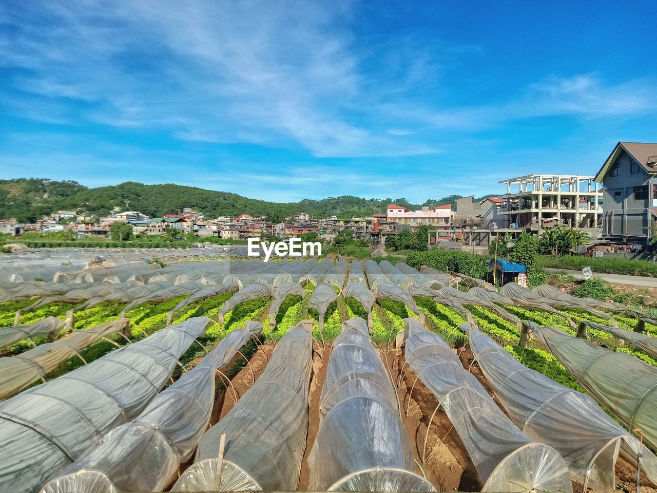 Panoramic urban city view of agricultural land buildings against blue sky
