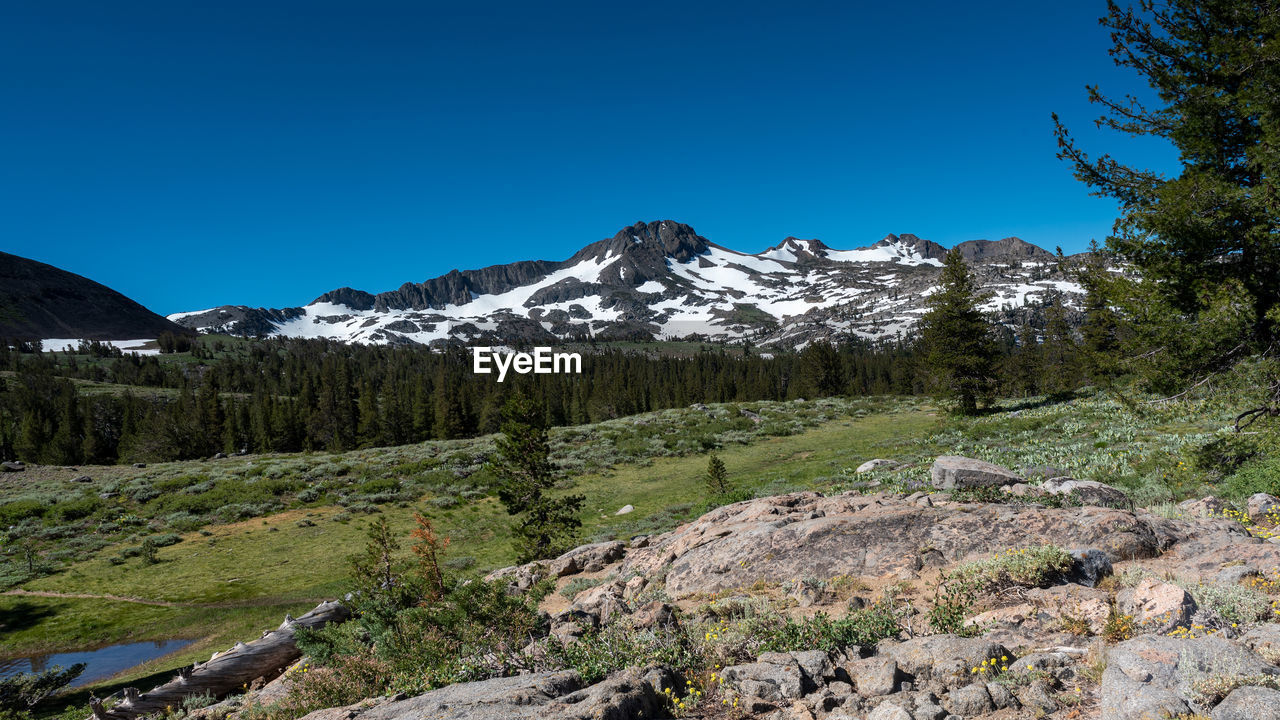 Scenic view of snowcapped mountains against clear blue sky