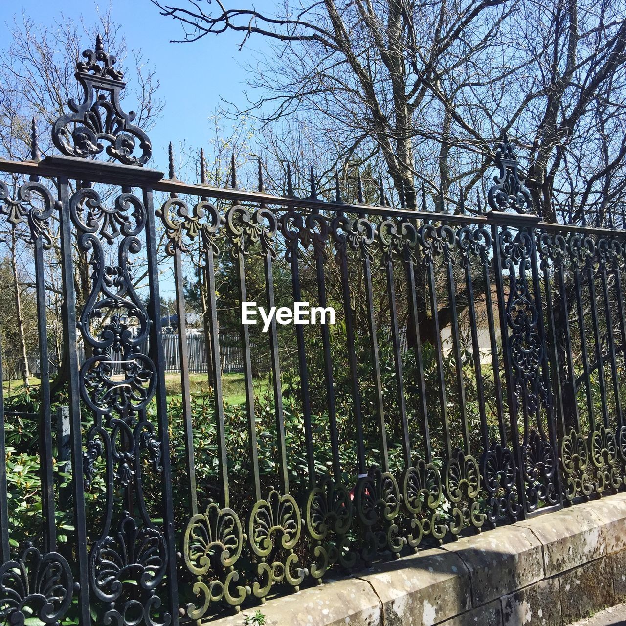 Close-up of railings against bare trees