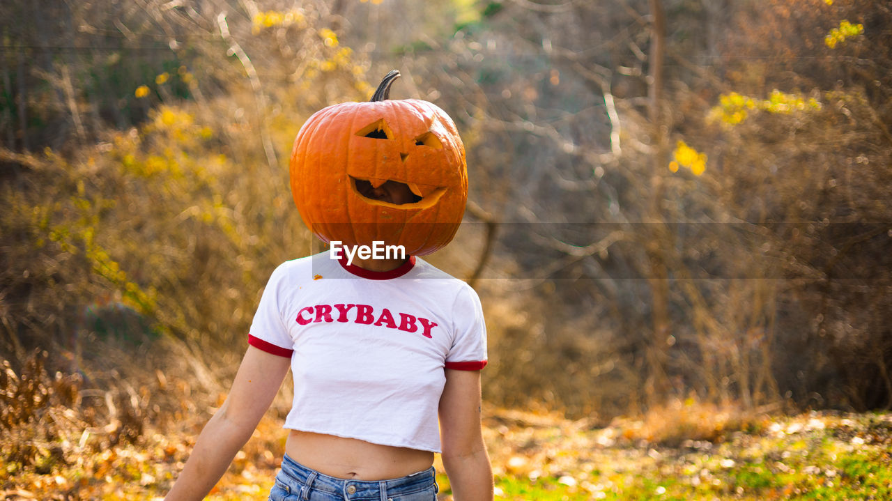 rear view of woman with teddy bear on field