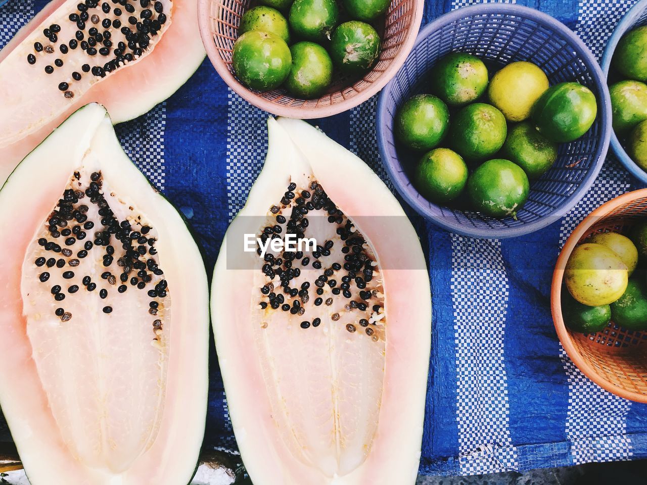 High angle view of fruits in plate on table