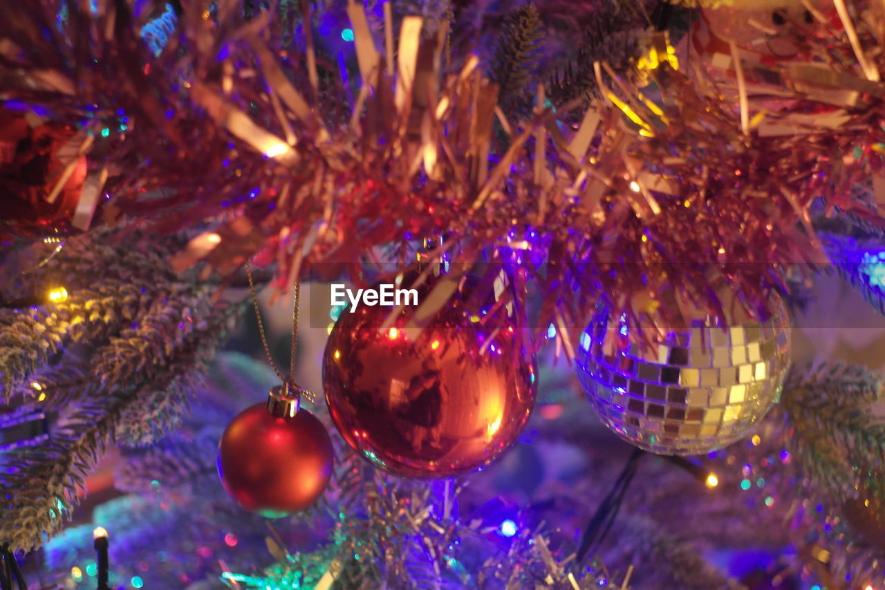 CLOSE-UP OF ILLUMINATED CHRISTMAS TREE IN THE DARK