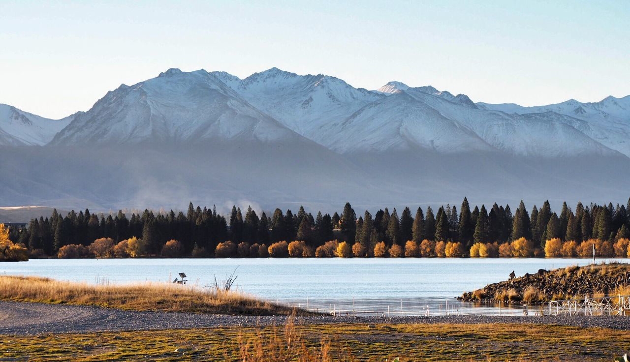 Scenic view of lake and mountains against clear sky