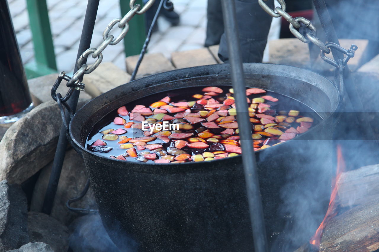 Close-up of boiling water in container outdoors