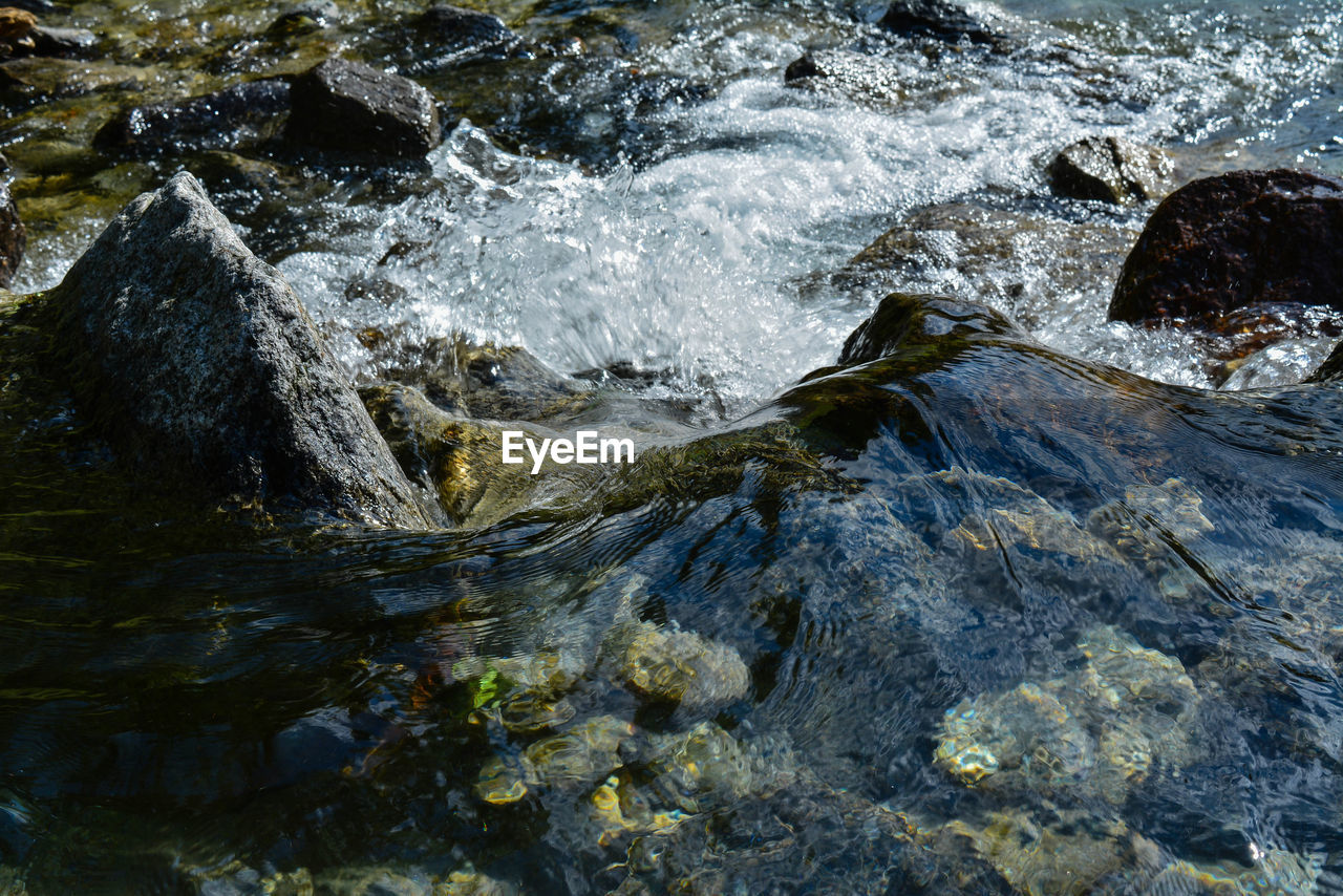 HIGH ANGLE VIEW OF WATER FLOWING AMIDST ROCKS