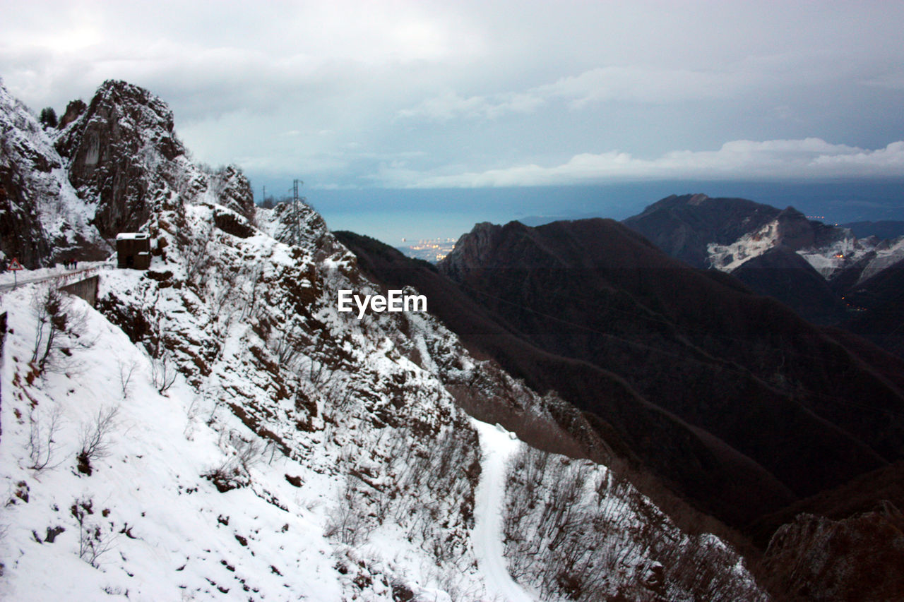 SNOW COVERED MOUNTAINS AGAINST SKY