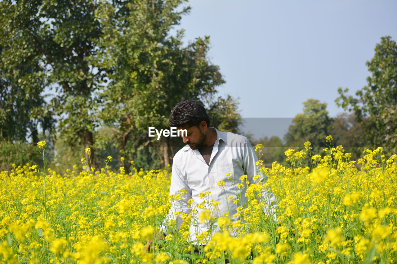 WOMAN STANDING ON FIELD WITH YELLOW FLOWERS