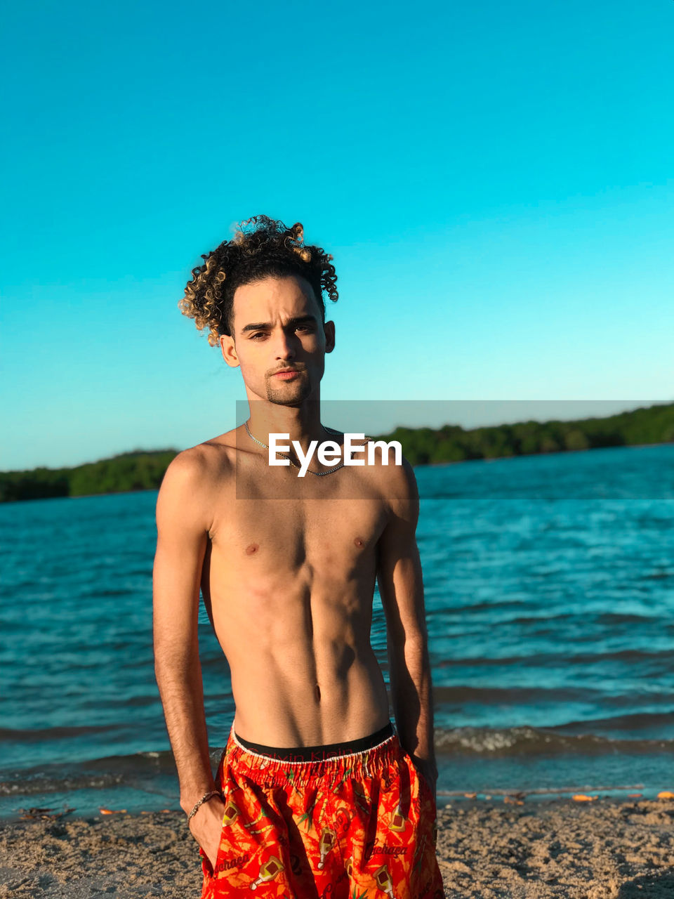 Portrait of shirtless man standing at beach