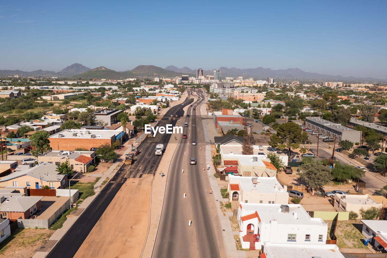 Broadway boulevard leading to tucson skyline, aerial view.