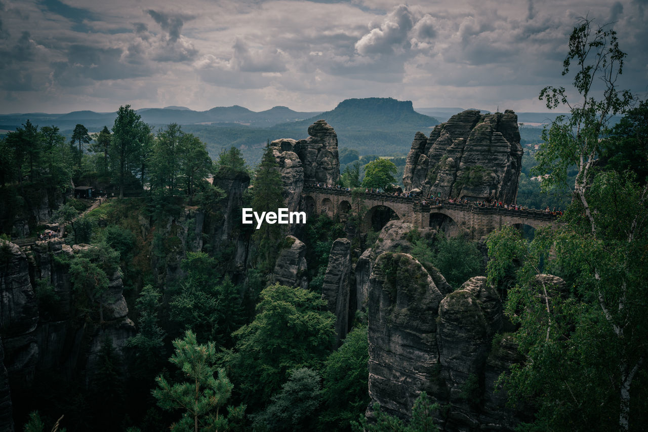Panoramic view of bridge against cloudy sky