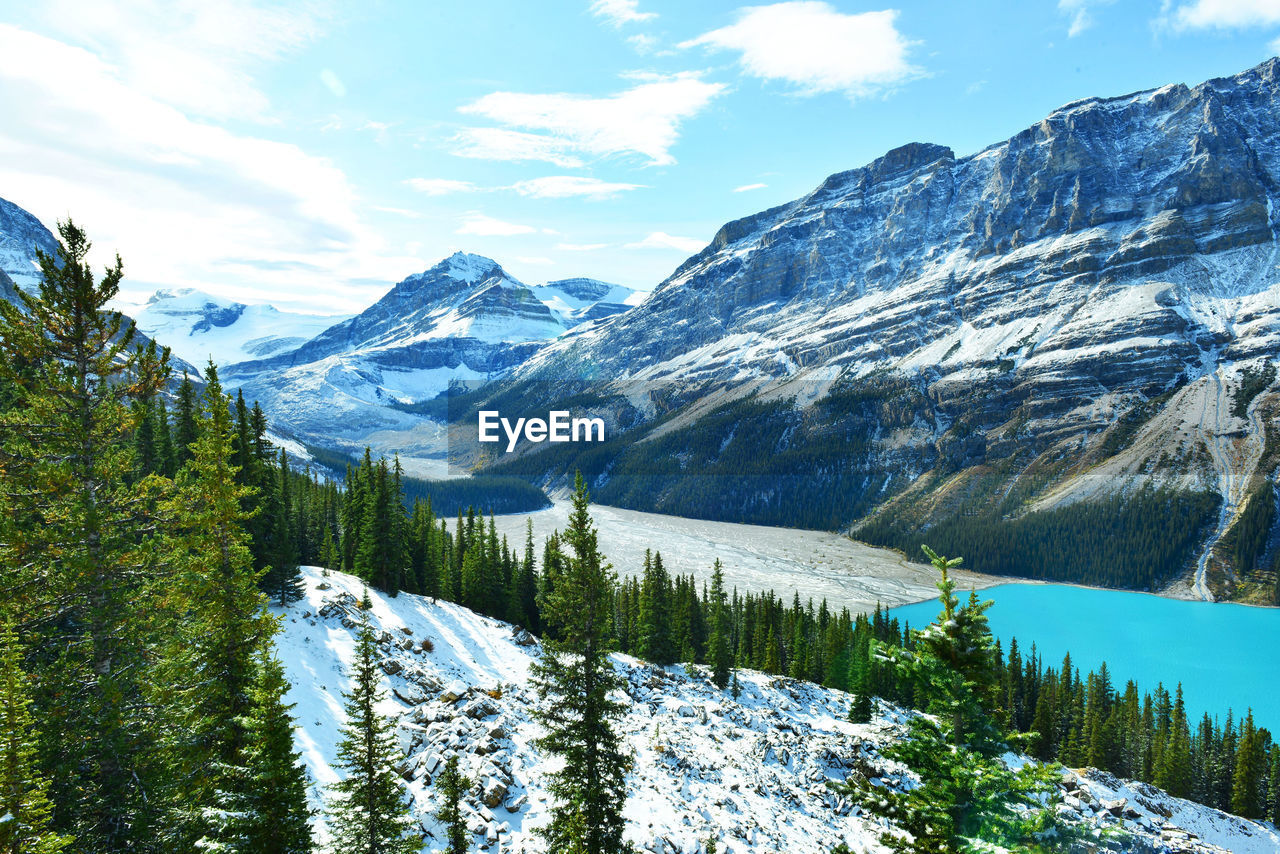 Scenic view of peyto lake by snowcapped mountains against sky