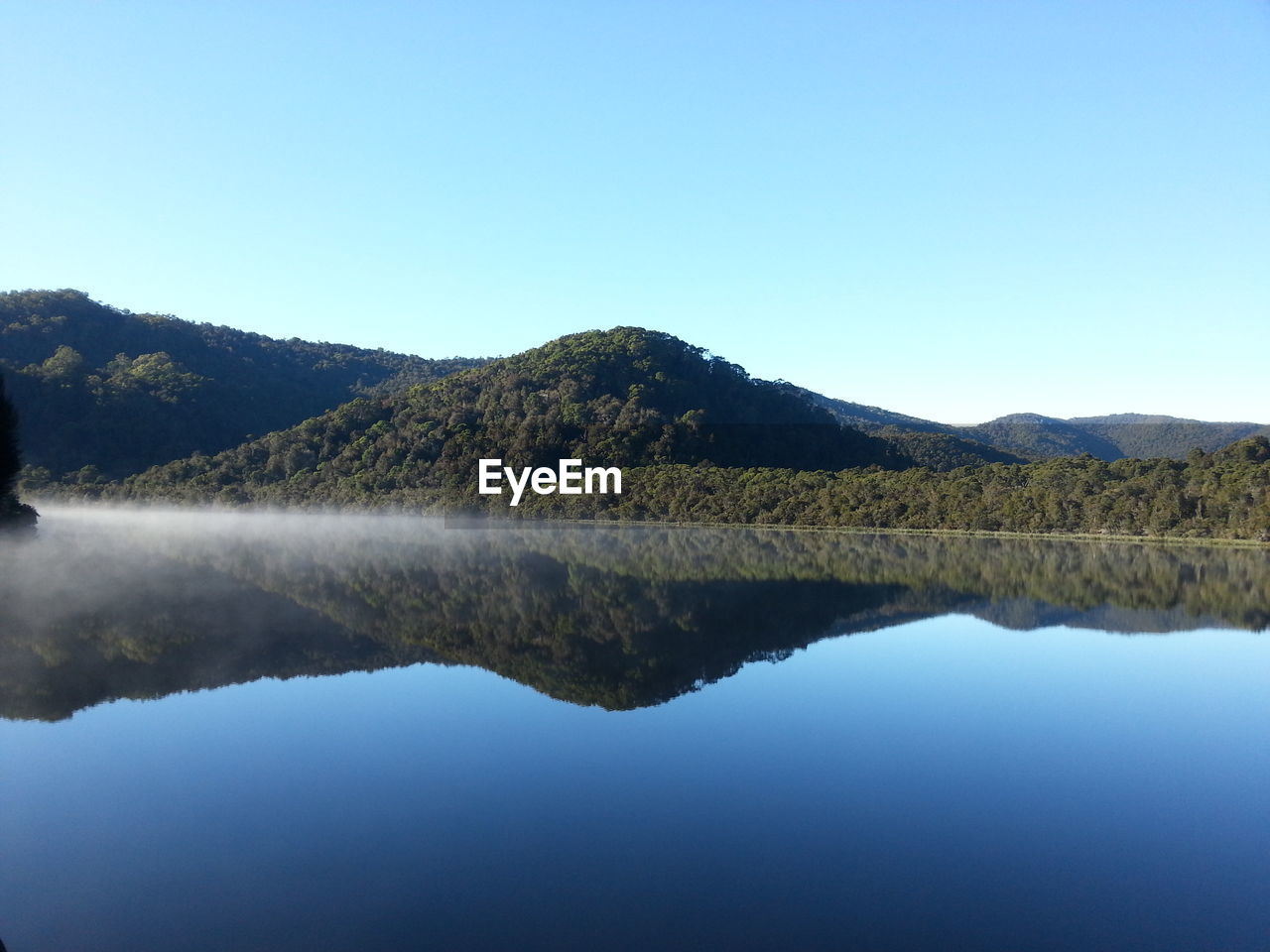 Scenic view of calm lake against clear sky