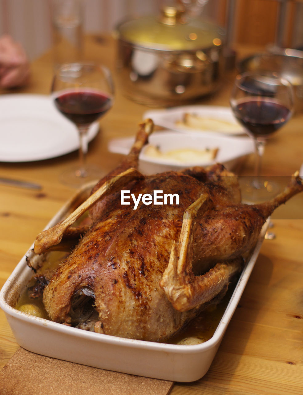 Close-up of cooked turkey meat on dinning table at home