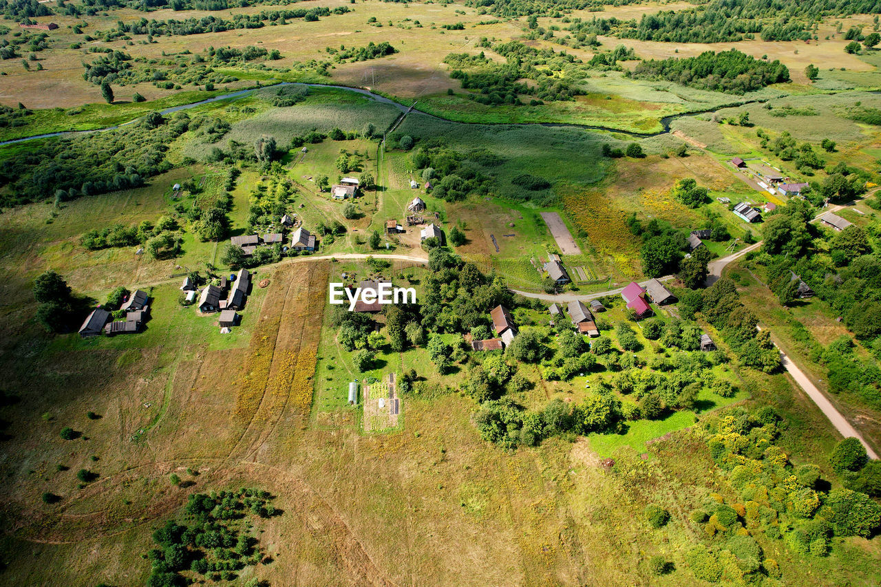 SCENIC VIEW OF FIELD AND TREES AND HOUSES