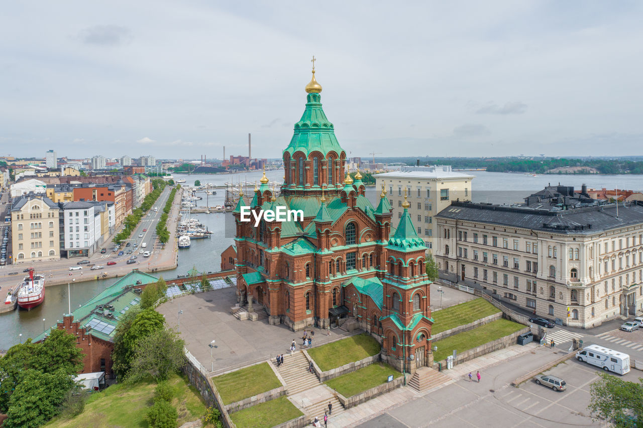 Uspenski cathedral in helsinki, finland. drone point of view. it is an eastern orthodox cathedral 