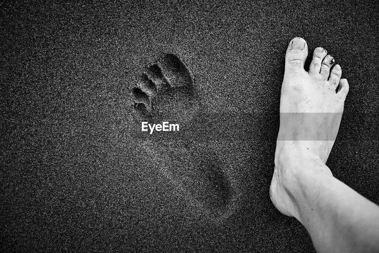 Low section of person with footprint on sand