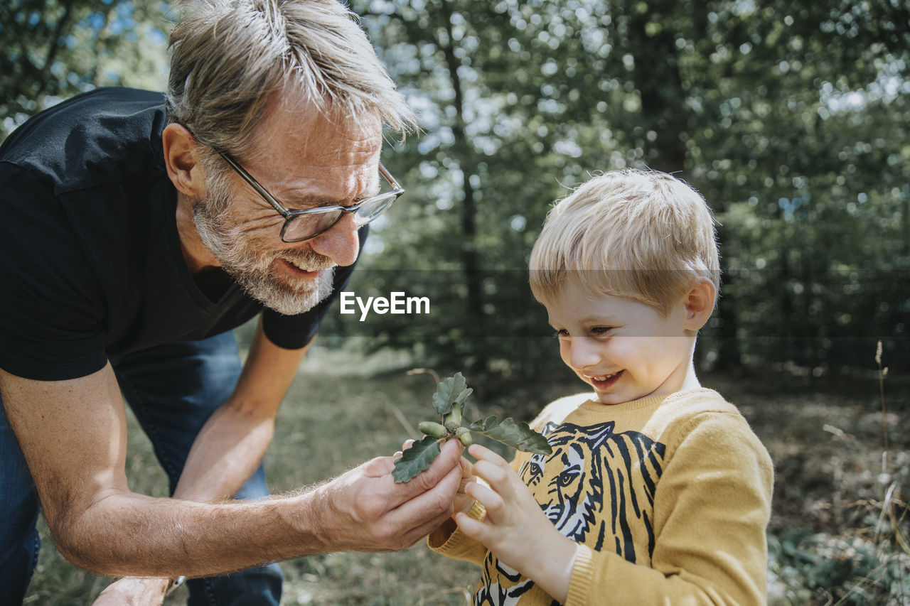 Smiling father showing acorn and oak leafs to son in forest