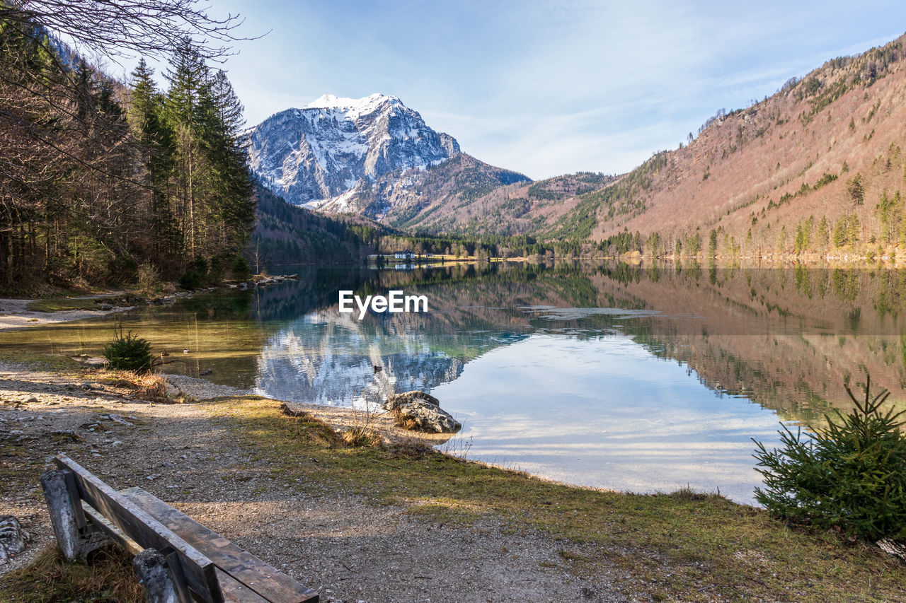 Scenic view of lake and mountains against sky