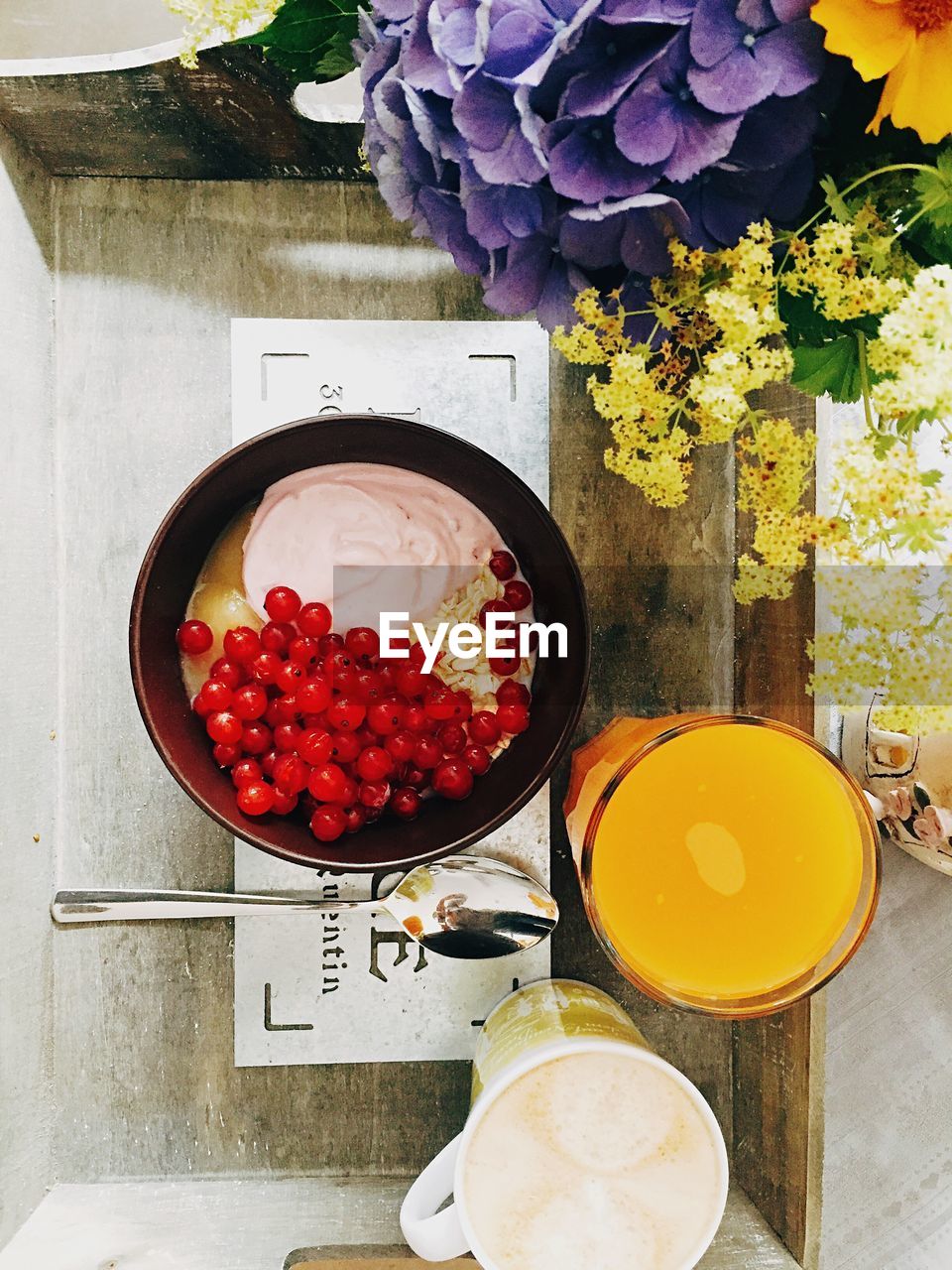 Directly above shot of breakfast served on table