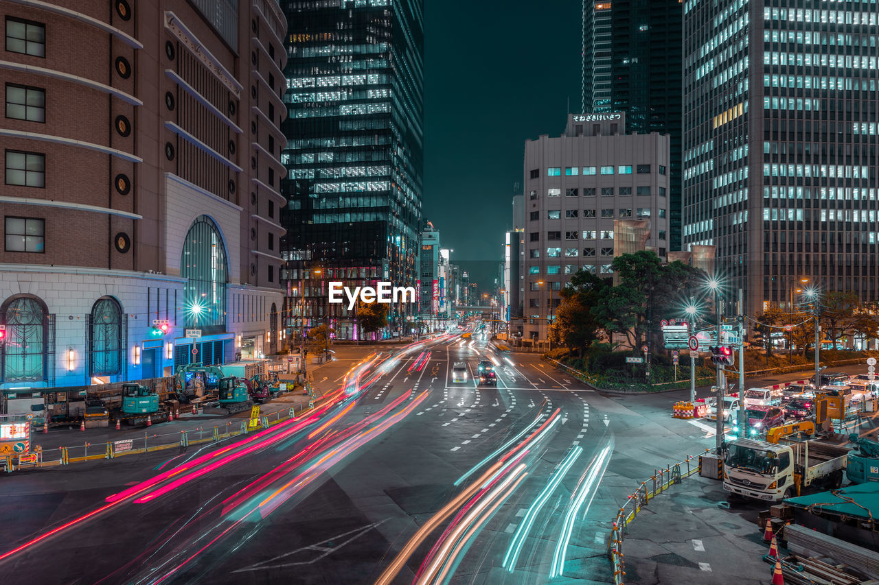 High angle view of traffic on city at night