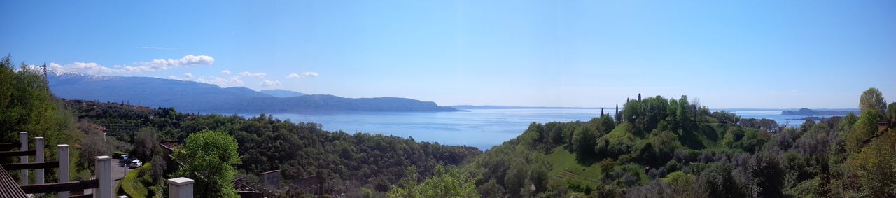 Panoramic view of trees and sea against blue sky