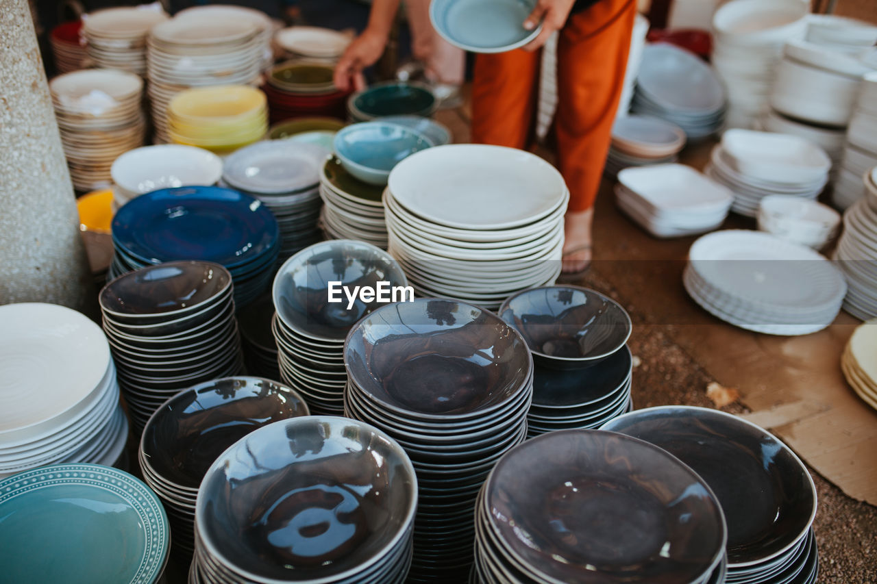 High angle view of objects on table