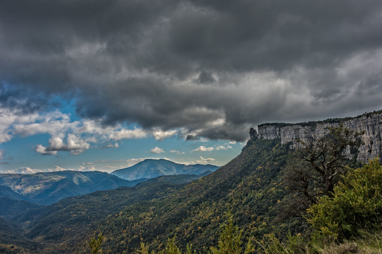 Scenic view of mountains against cloudy sky