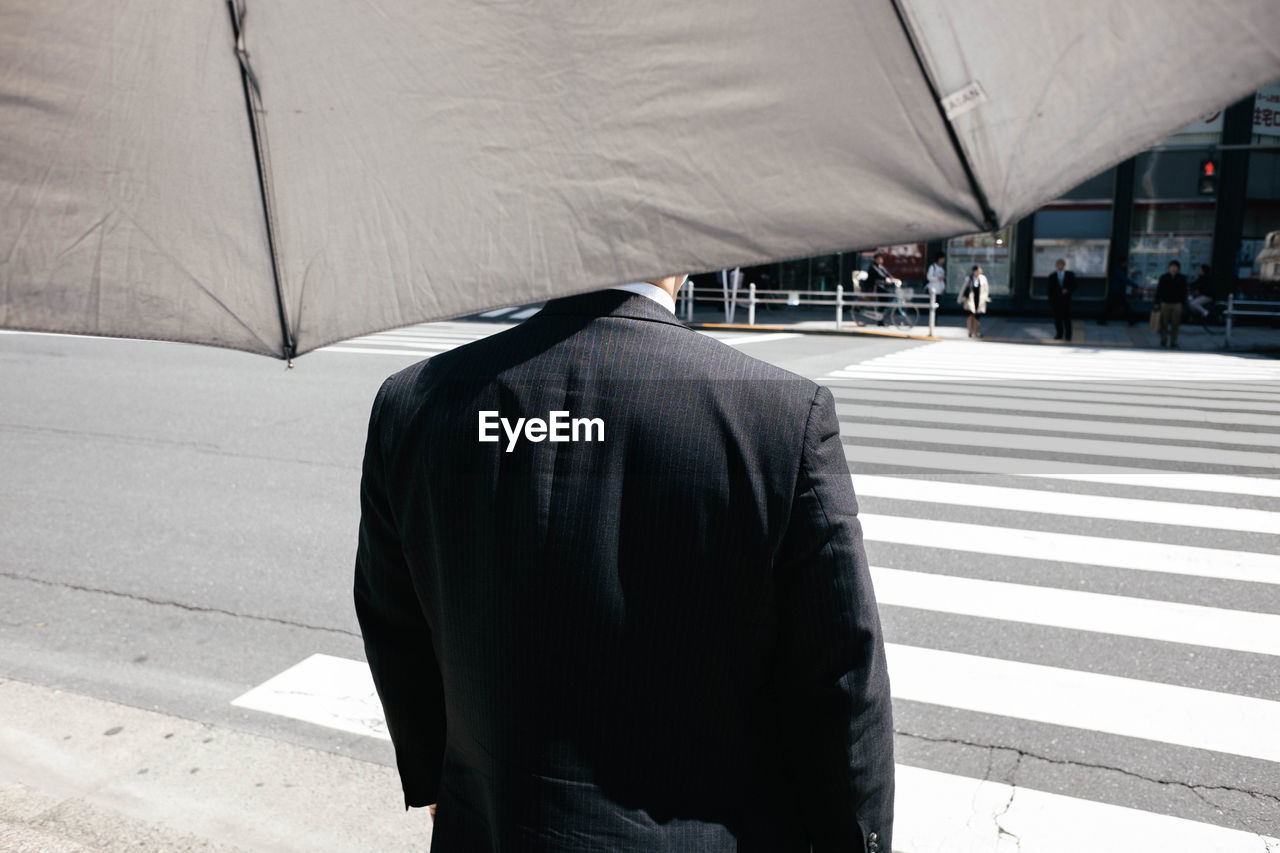 Rear view of man standing on zebra crossing