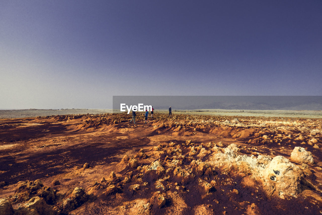 People standing on land against clear sky