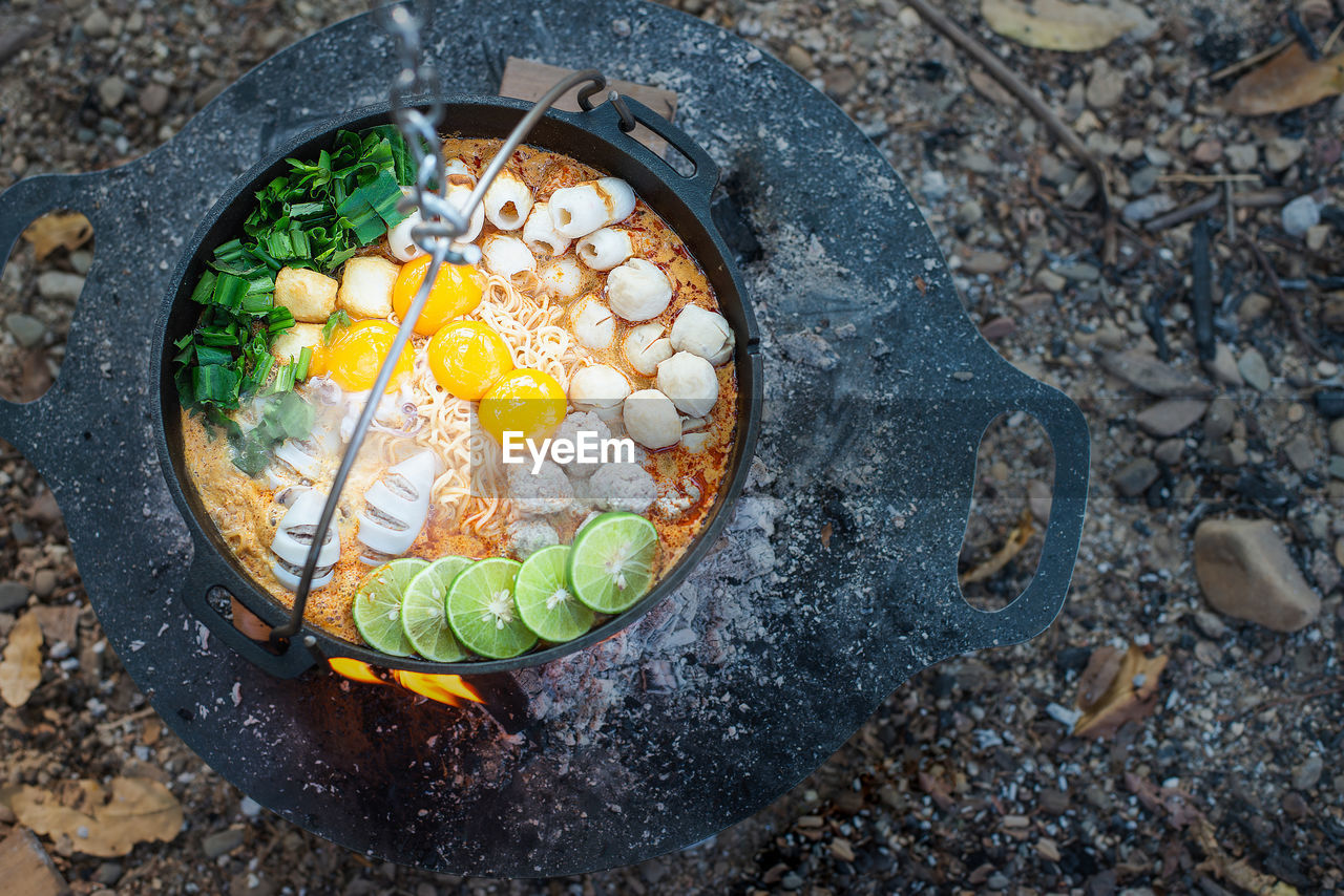 high angle view of food on street