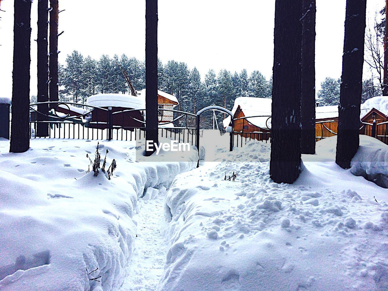 Houses on snow covered field