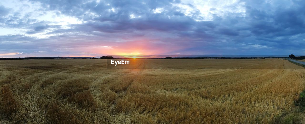 SCENIC VIEW OF AGRICULTURAL LANDSCAPE AGAINST SKY DURING SUNSET
