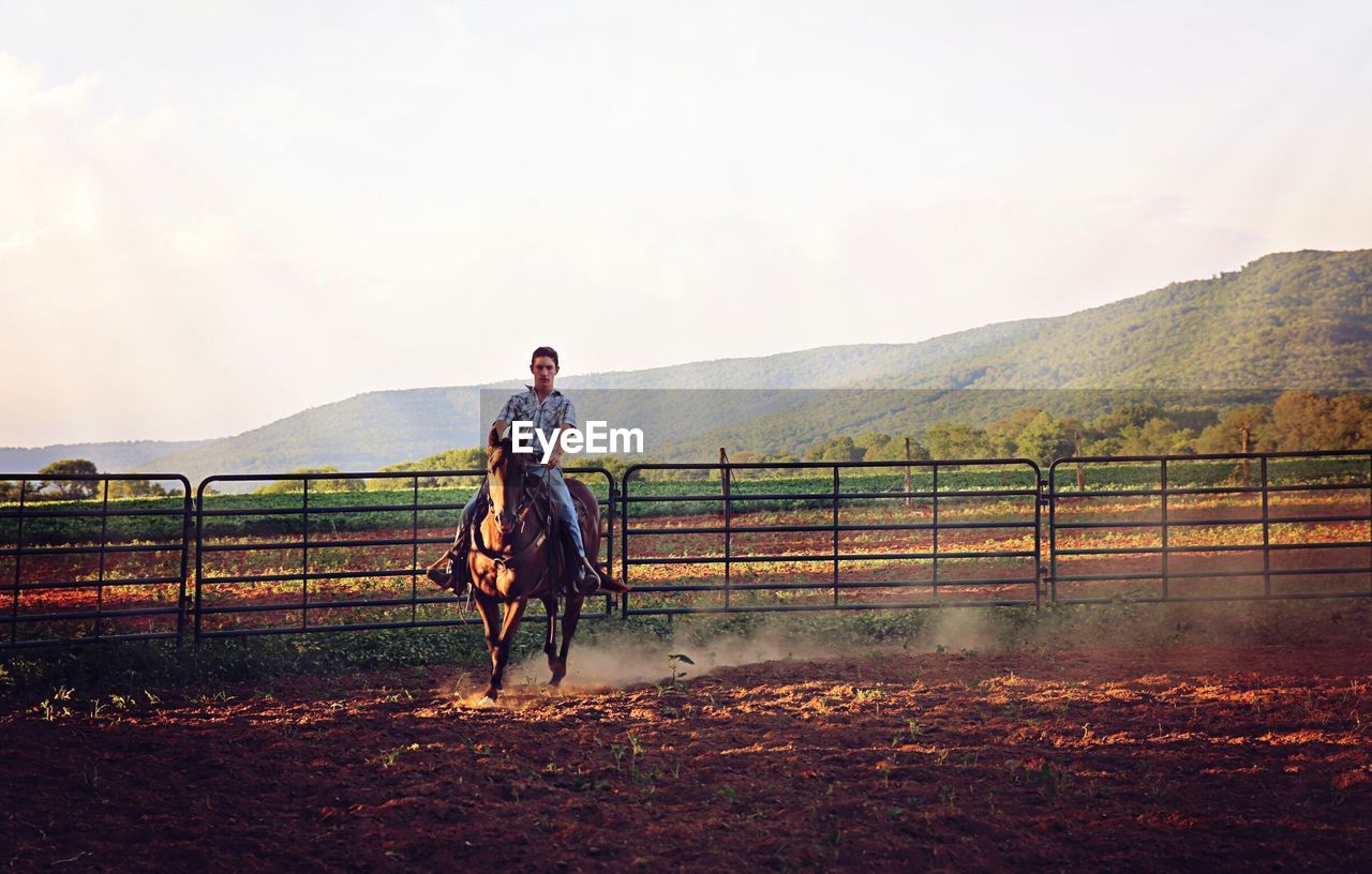 Young man riding on horse at ranch against clear sky