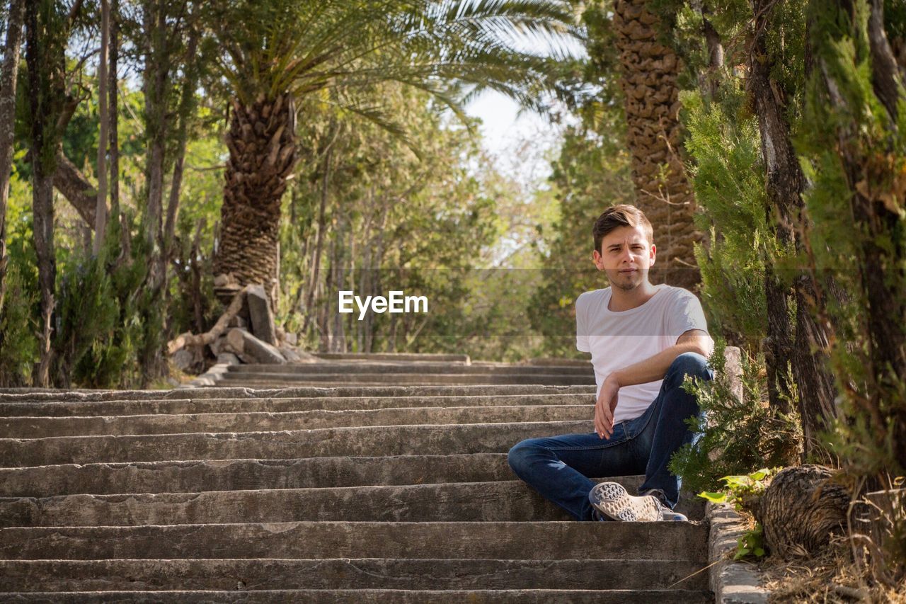 Portrait of young man sitting on steps amidst trees at park