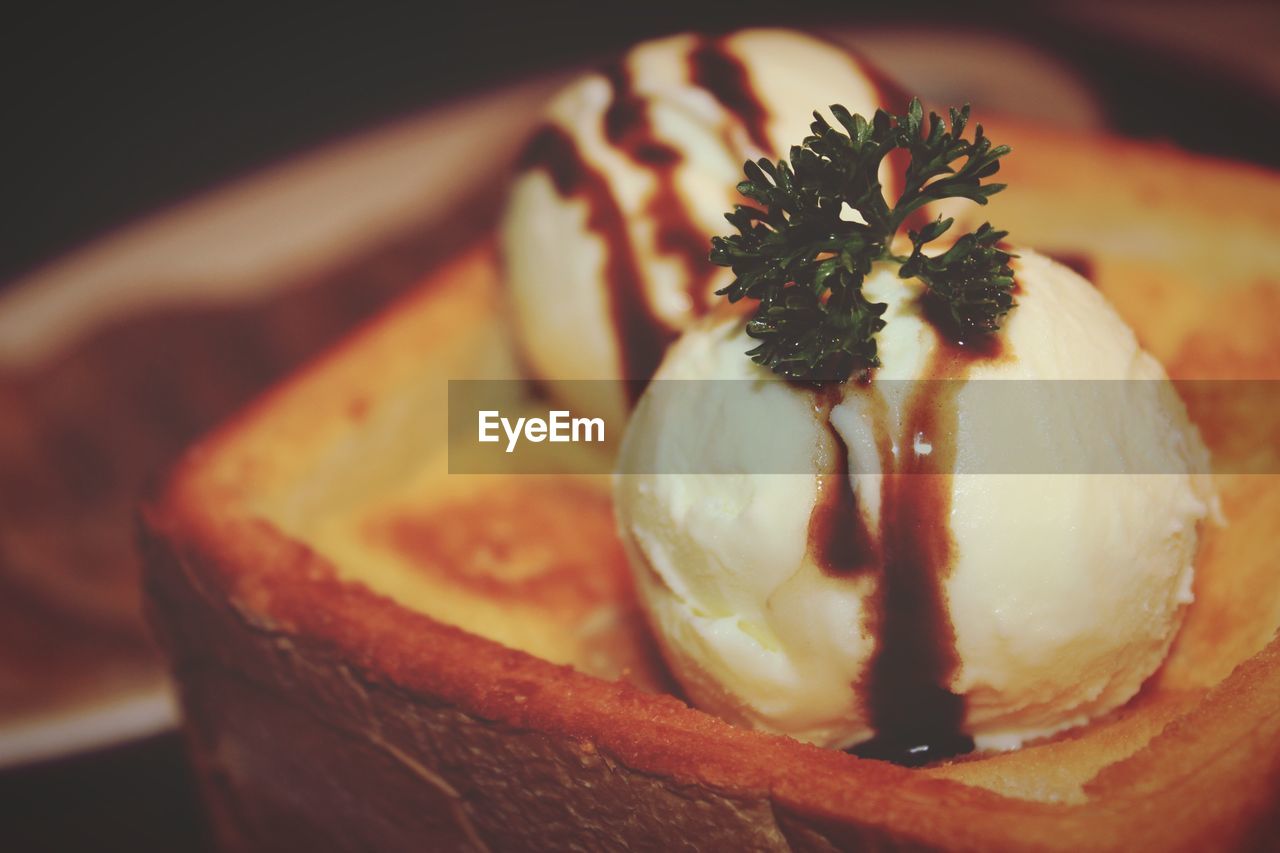 CLOSE-UP OF ICE CREAM WITH CHOCOLATE CAKE