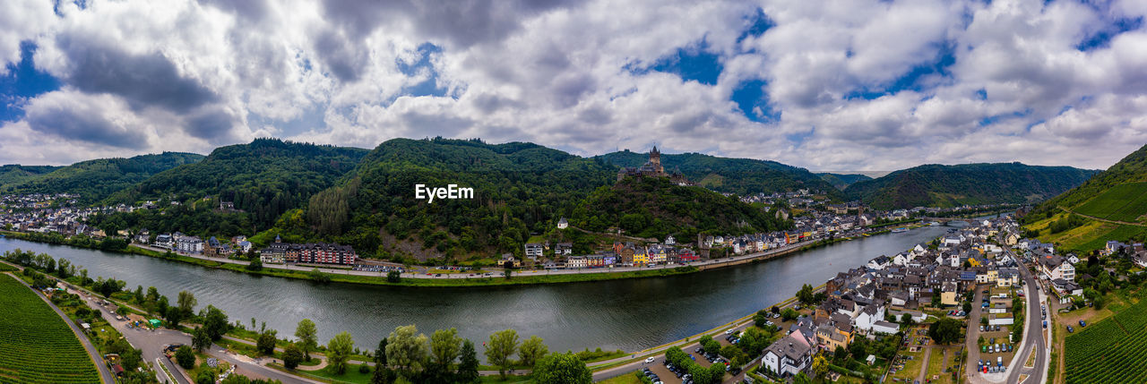 Panorama of cochem with the reichsburg cochem, germany. drone photography. 