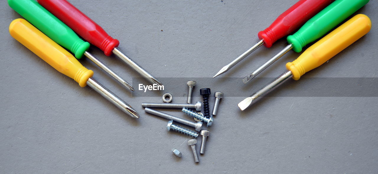 Directly above shot of work tools on table