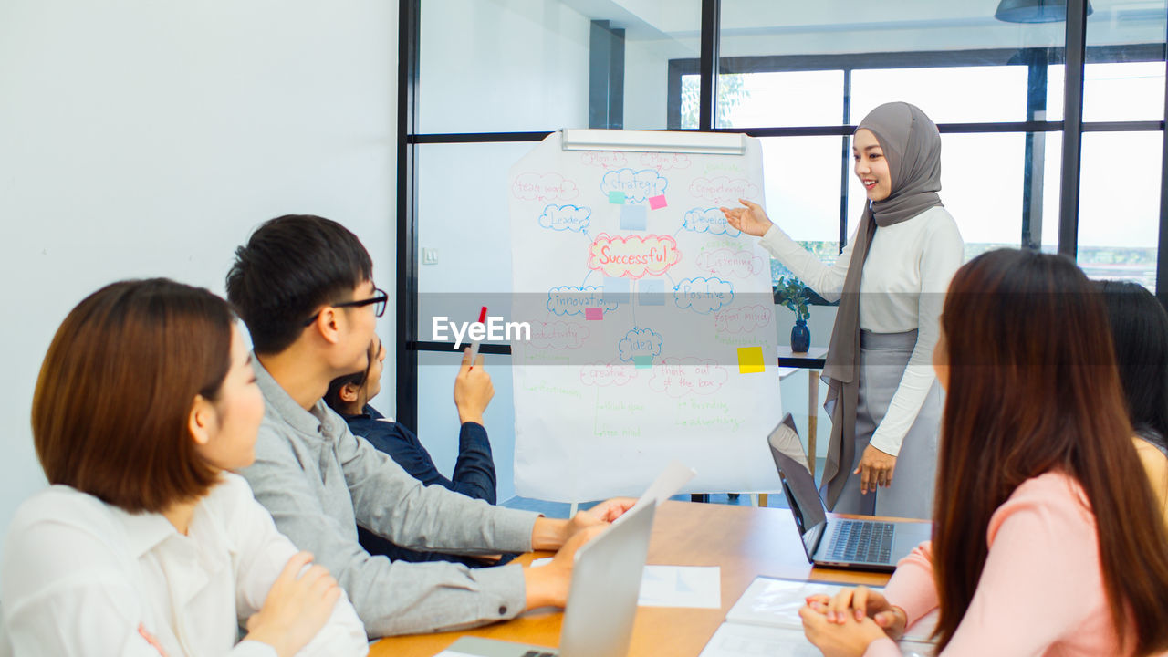 Businesswoman wearing hijab giving presentation to colleagues in meeting
