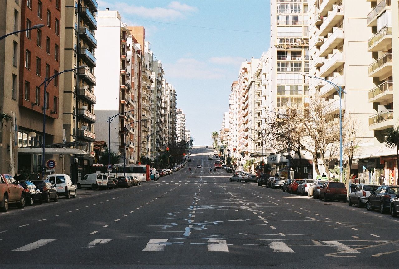 Vehicles on road along buildings in city