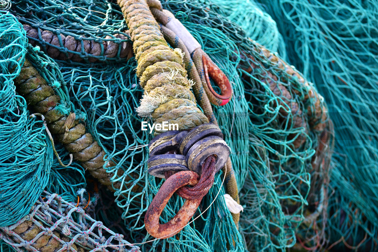 Full frame shot of fishing nets at harbor