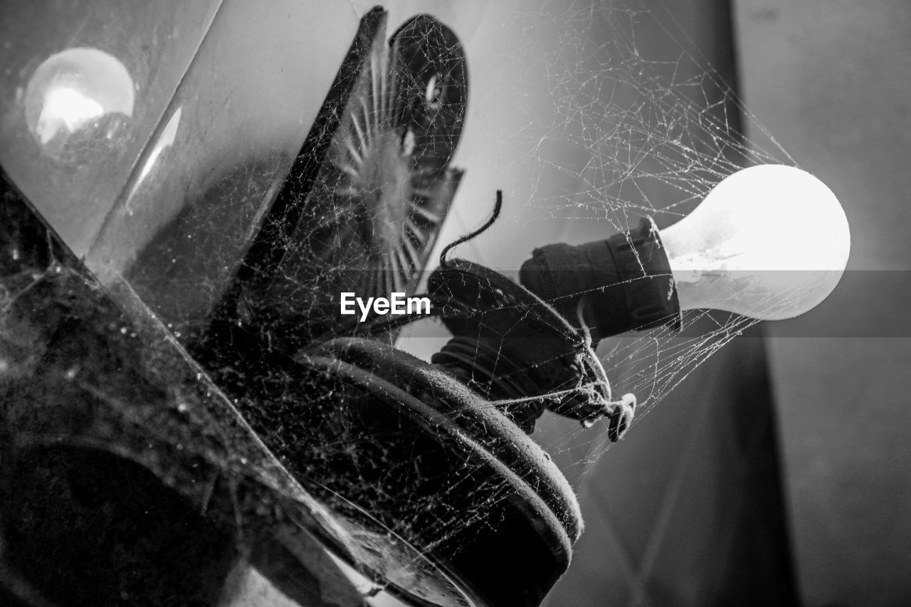 Low angle view of spider web on illuminated light bulb