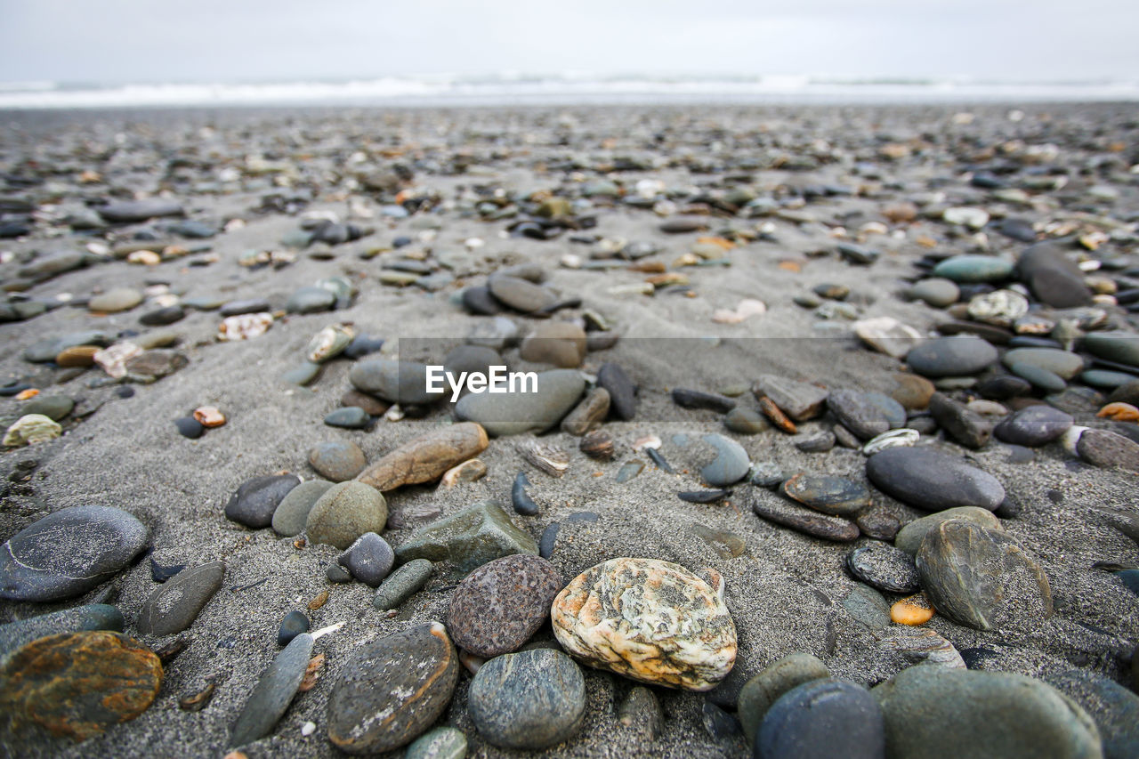 CLOSE-UP OF PEBBLES ON SHORE