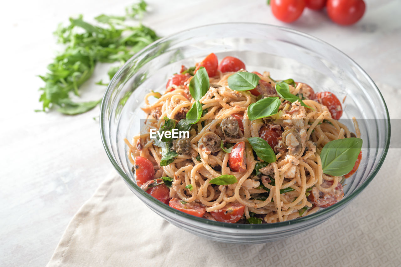 high angle view of food in bowl on table