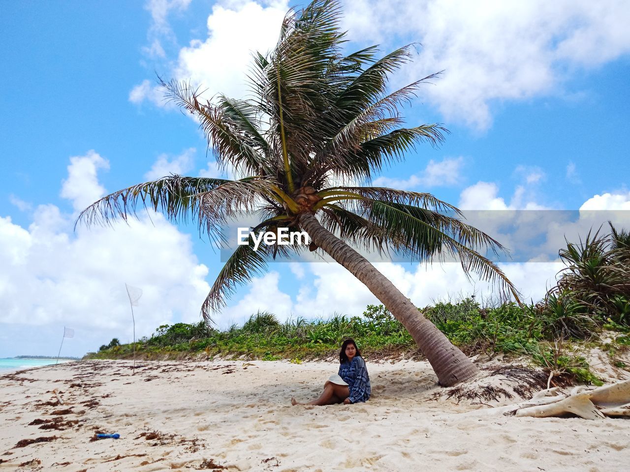 Woman sitting below palm tree at beach against sky