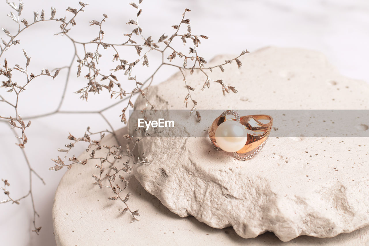Gold ring with pearl on stone podium with dry flowers
