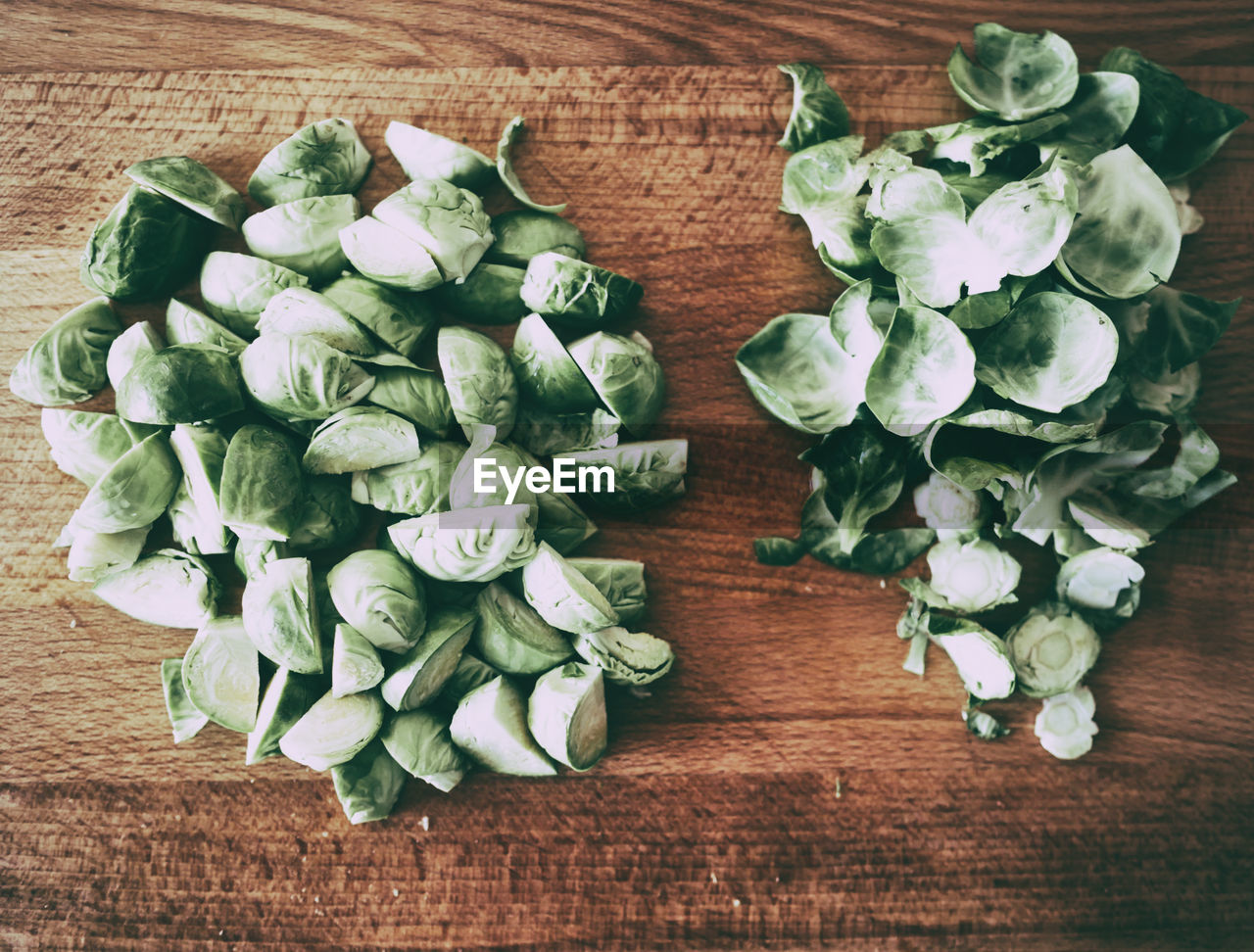 High angle view of chopped brussels sprouts on table