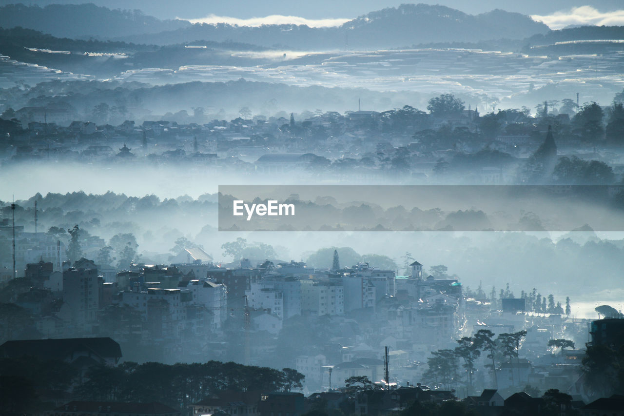 Aerial view of city in fog