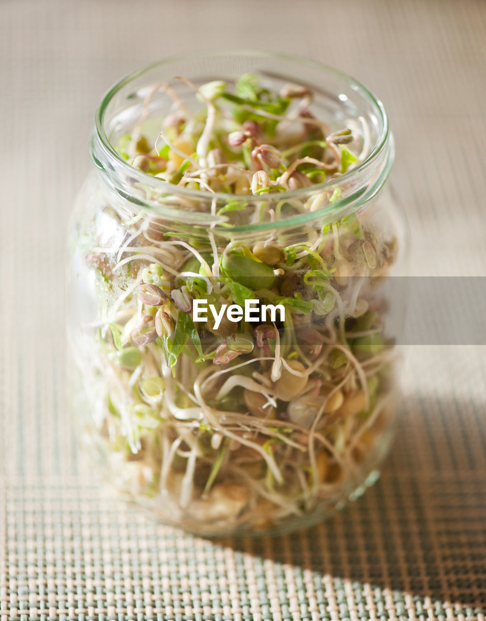 Close-up of sprouts in jar on table